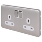 Schneider Electric Lisse Deco 13A 2-Gang SP Switched Plug Socket Brushed Stainless Steel  with White Inserts