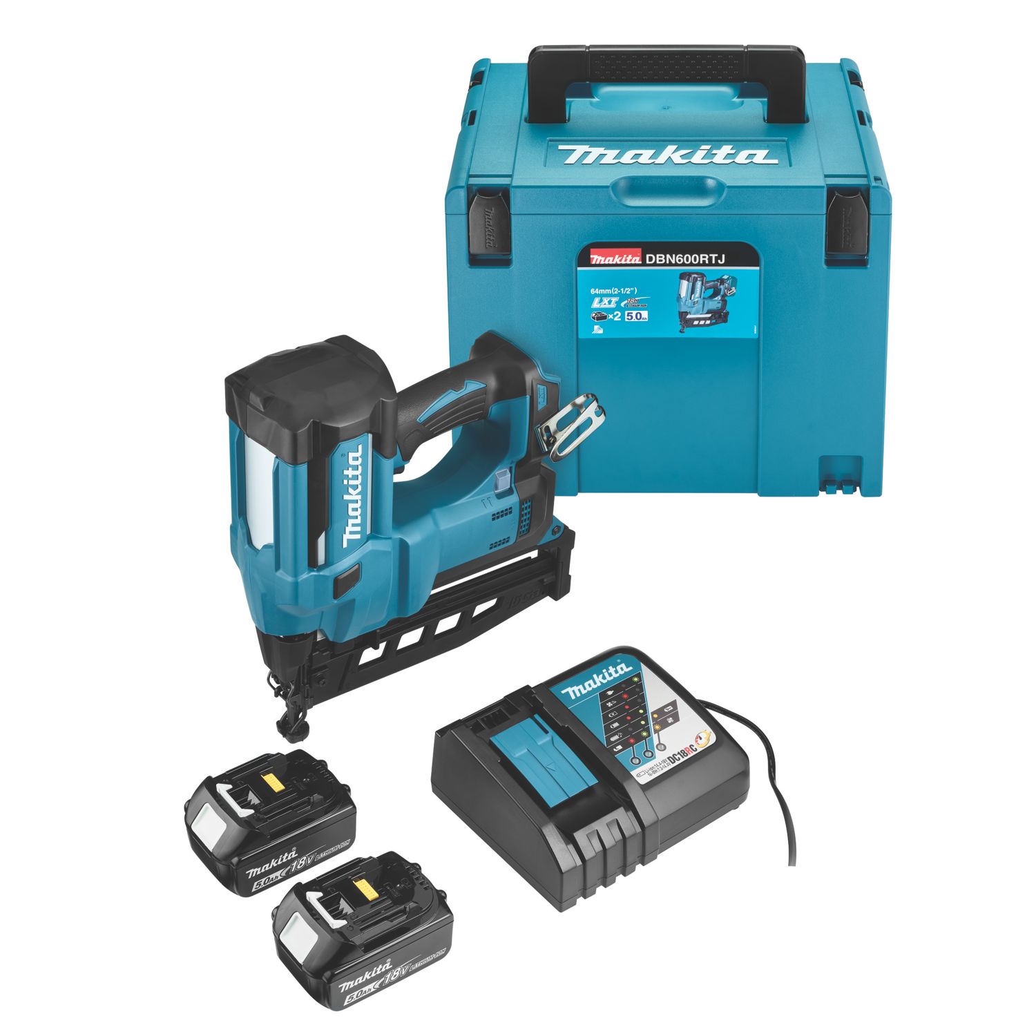 Makita DBN600RTJ 64mm 18V 2 x 5.0Ah Li-Ion LXT Second Fix Cordless Nail Gun (188KR)