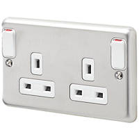MK Albany Plus 13A 2-Gang DP Switched Plug Socket Brushed Chrome  with White Inserts