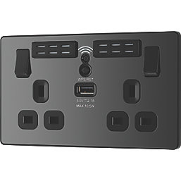 British General Evolve 13A 2-Gang SP Switched Double Socket With WiFi Extender + 2.1A 10.5W 1-Outlet Type A USB Charger Black with Black Inserts