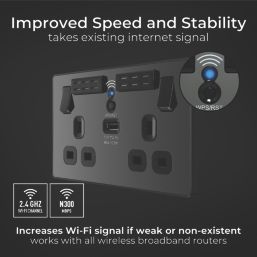 British General Evolve 13A 2-Gang SP Switched Socket With WiFi Extender + 2.1A 10.5W 1-Outlet Type A USB Charger Black Chrome with Black Inserts
