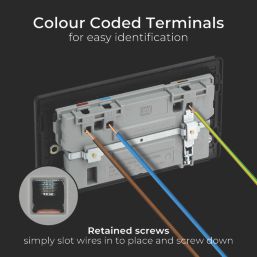 British General Evolve 13A 2-Gang SP Switched Socket With WiFi Extender + 2.1A 10.5W 1-Outlet Type A USB Charger Black Chrome with Black Inserts