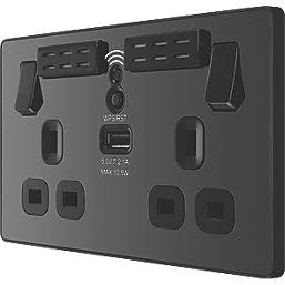 British General Evolve 13A 2-Gang SP Switched Double Socket With WiFi Extender + 2.1A 10.5W 1-Outlet Type A USB Charger Black with Black Inserts