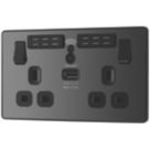 British General Evolve 13A 2-Gang SP Switched Socket With WiFi Extender + 2.1A 10.5W 1-Outlet Type A USB Charger Black Chrome with Black Inserts