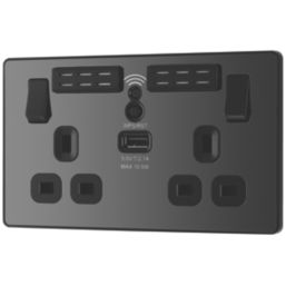 British General Evolve 13A 2-Gang SP Switched Socket With WiFi Extender + 2.1A 10.5W 1-Outlet Type A USB Charger Black Chrome with Black Inserts
