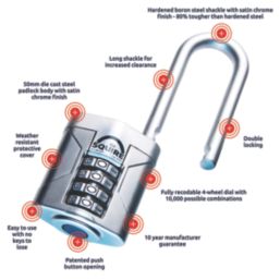 Squire Vulcan Weatherproof Long Shackle Combination  High Security Padlock Blue/Chrome 50mm