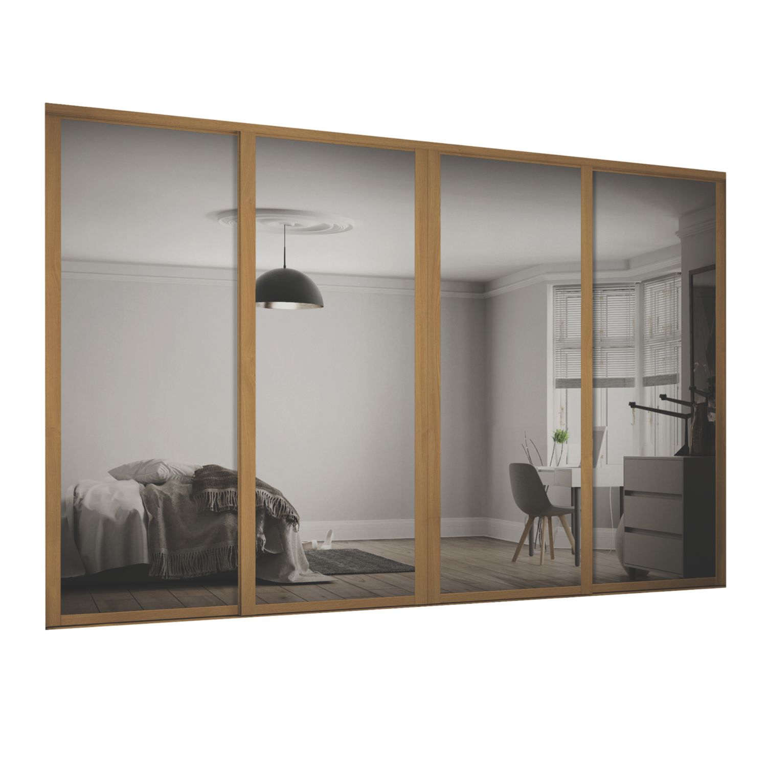 Spacepro Shaker 4-Door Framed Sliding Wardrobe Doors Oak Frame Mirror Panel 2290mm x 2260mm (1915F)