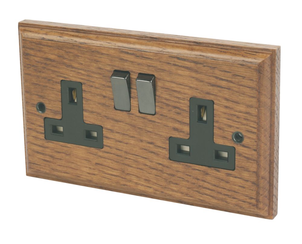 Varilight  13AX 2-Gang DP Switched Plug Socket Medium Oak  with Black Inserts