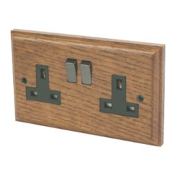 Varilight  13AX 2-Gang DP Switched Plug Socket Medium Oak  with Black Inserts