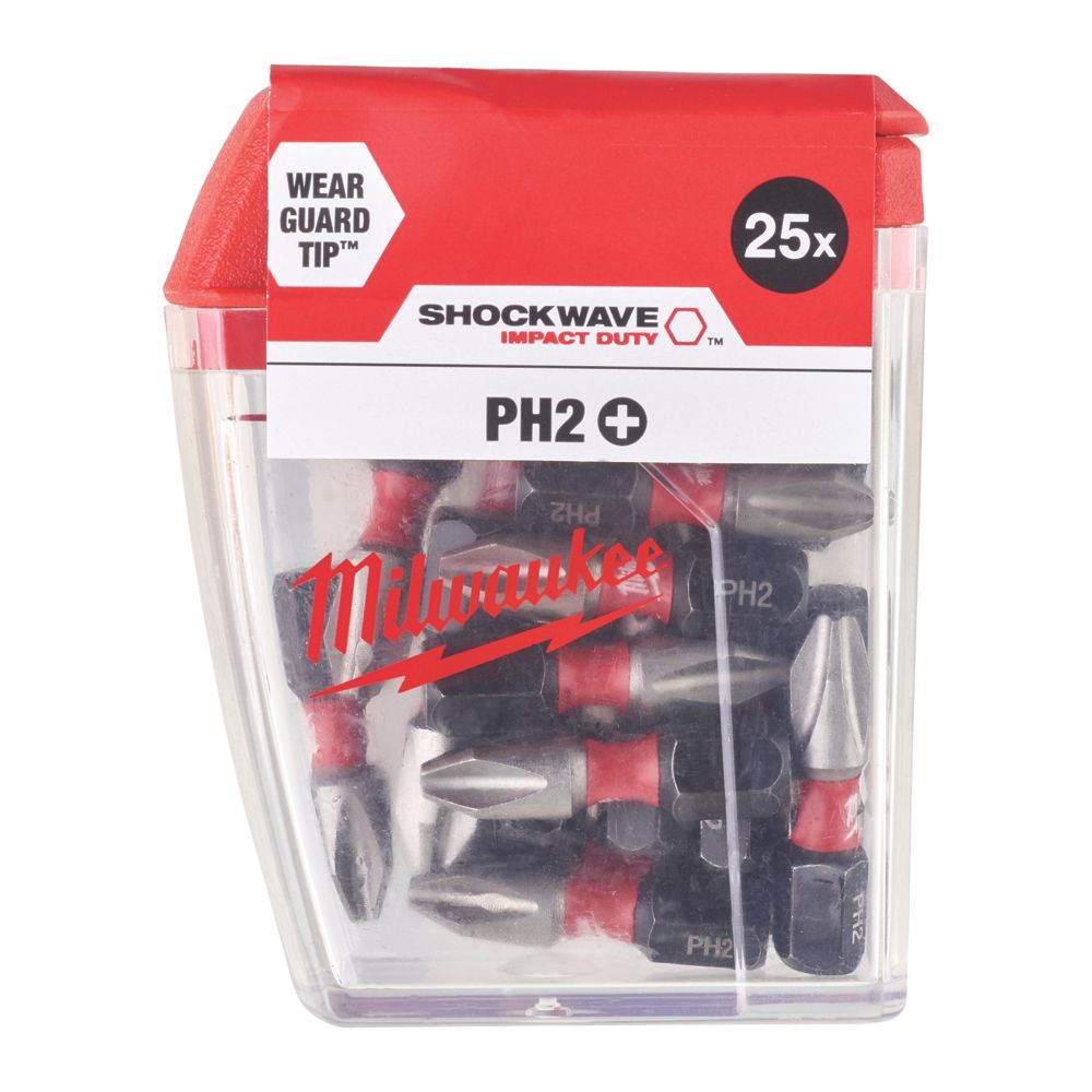 Milwaukee 25mm 25mm Straight Shank PH2 Screwdriver Bit 25 Pack Screwfix