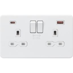Knightsbridge  13A 2-Gang DP Switched Socket + 2.25A 45W 2-Outlet Type A & C USB Charger Matt White with White Inserts