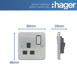 Hager Sollysta WRSS81BSB  13A 1-Gang 2P+E Switched Socket Brushed Stainless Steel  with Black Inserts