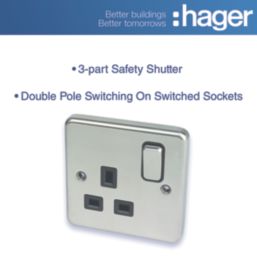 Hager Sollysta WRSS81BSB  13A 1-Gang 2P+E Switched Socket Brushed Stainless Steel  with Black Inserts
