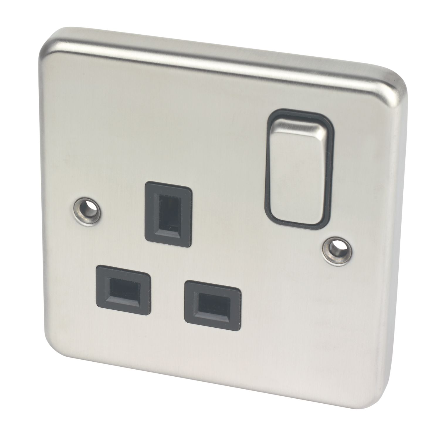 Hager Sollysta WRSS81BSB 13A 1-Gang 2P+E Switched Socket Brushed Stainless Steel with Black Inserts (193AM)