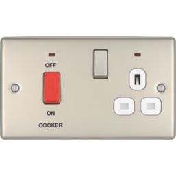 British General Nexus Metal 45A 2-Gang 2-Pole Cooker Switch & 13A DP Switched Socket Pearl Nickel with LED with White Inserts