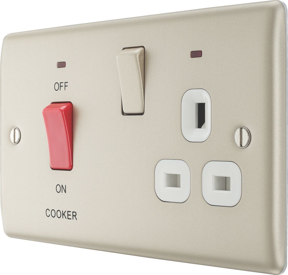 British General Nexus Metal 45A 2-Gang 2-Pole Cooker Switch & 13A DP Switched Socket Pearl Nickel with LED with White Inserts