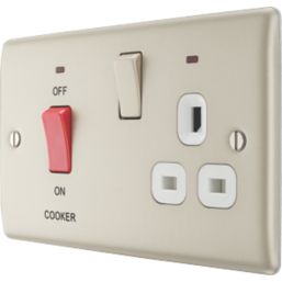 British General Nexus Metal 45A 2-Gang 2-Pole Cooker Switch & 13A DP Switched Socket Pearl Nickel with LED with White Inserts