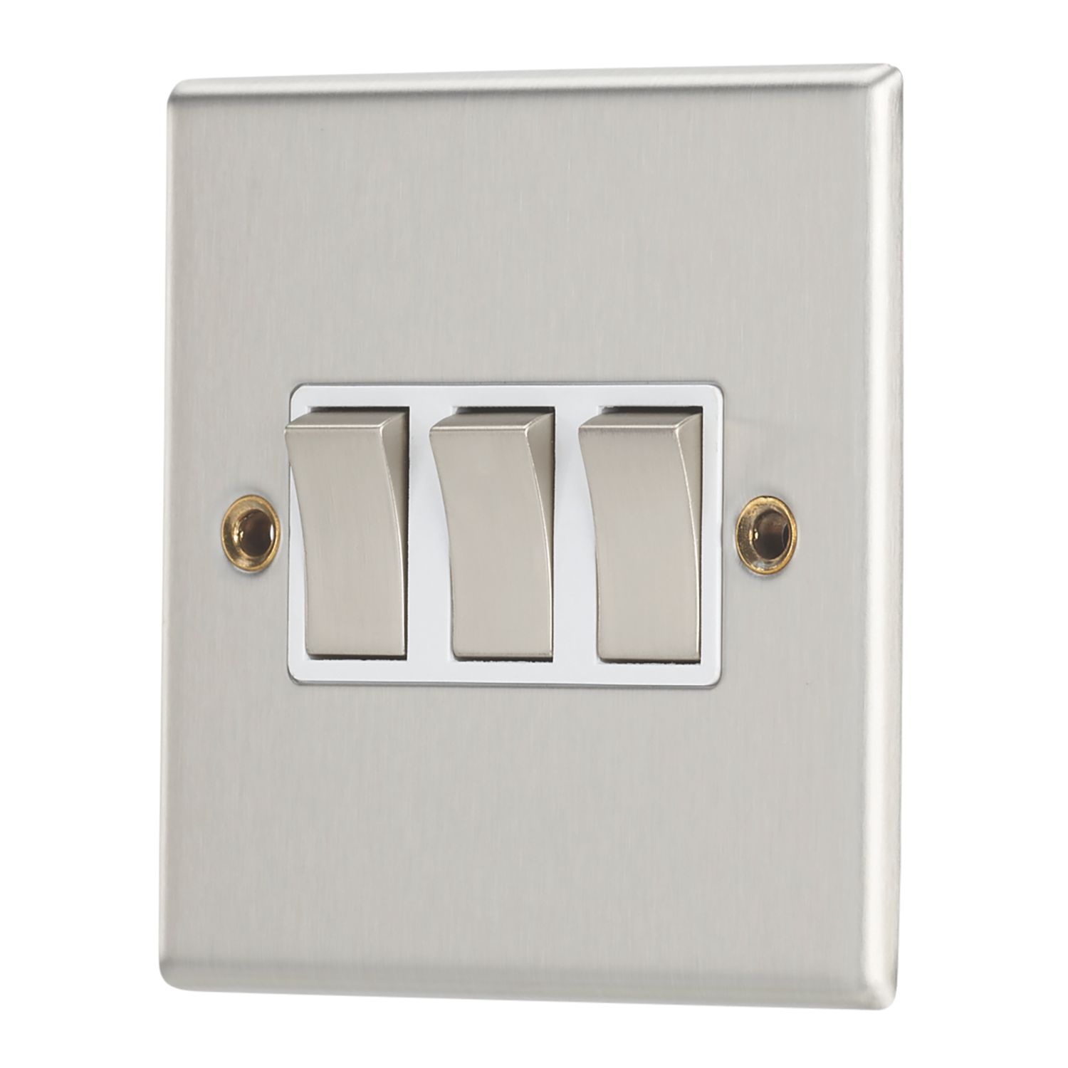 Contactum iConic 10AX 3-Gang 2-Way Light Switch Brushed Steel with White Inserts (195RP)