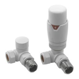 Reina Modal TRV 15mm x 15mm White Corner & L/S Designer Thermostatic Radiator Valve & Lockshield