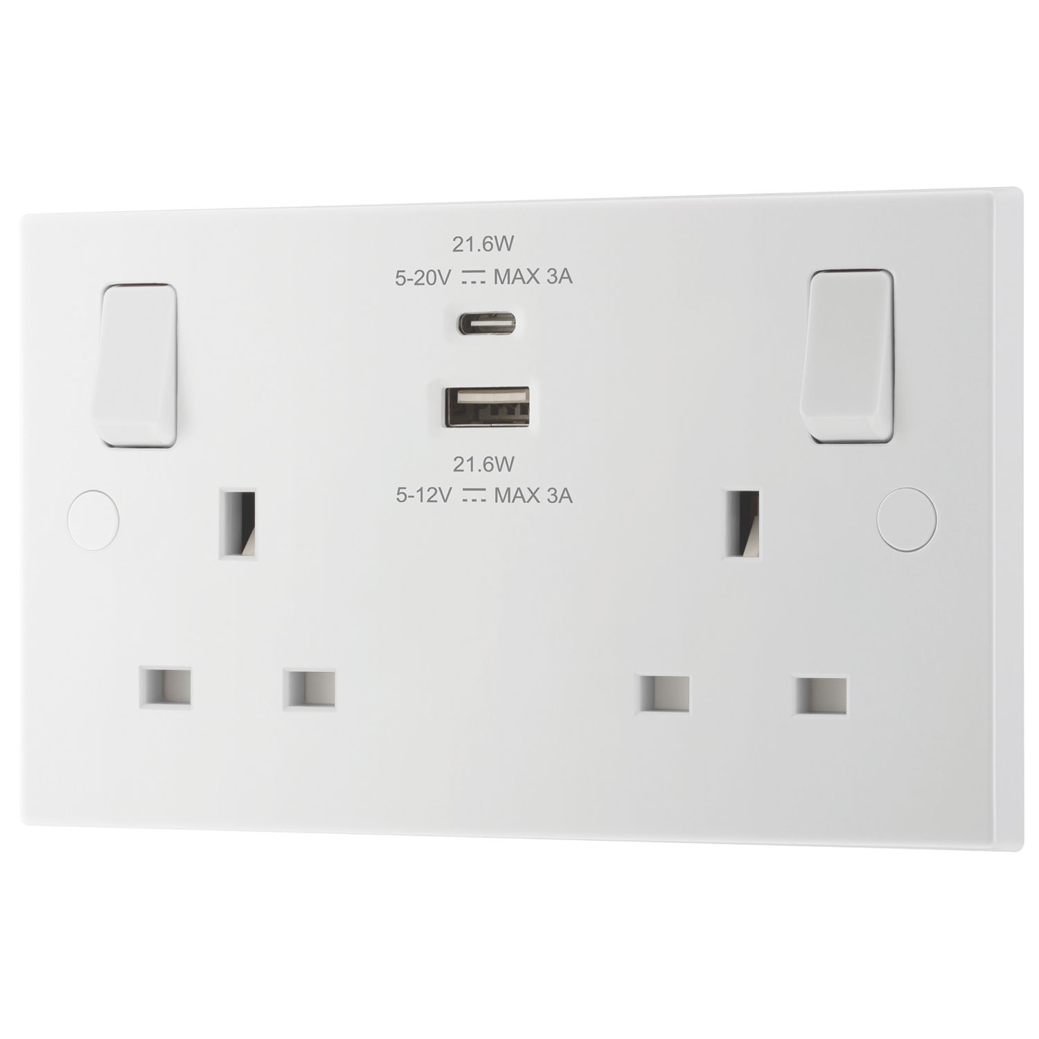 British General 900 Series 13A 2-Gang SP Switched Socket + 3A 22W 2-Outlet Type A & C USB Charger White (196PM)