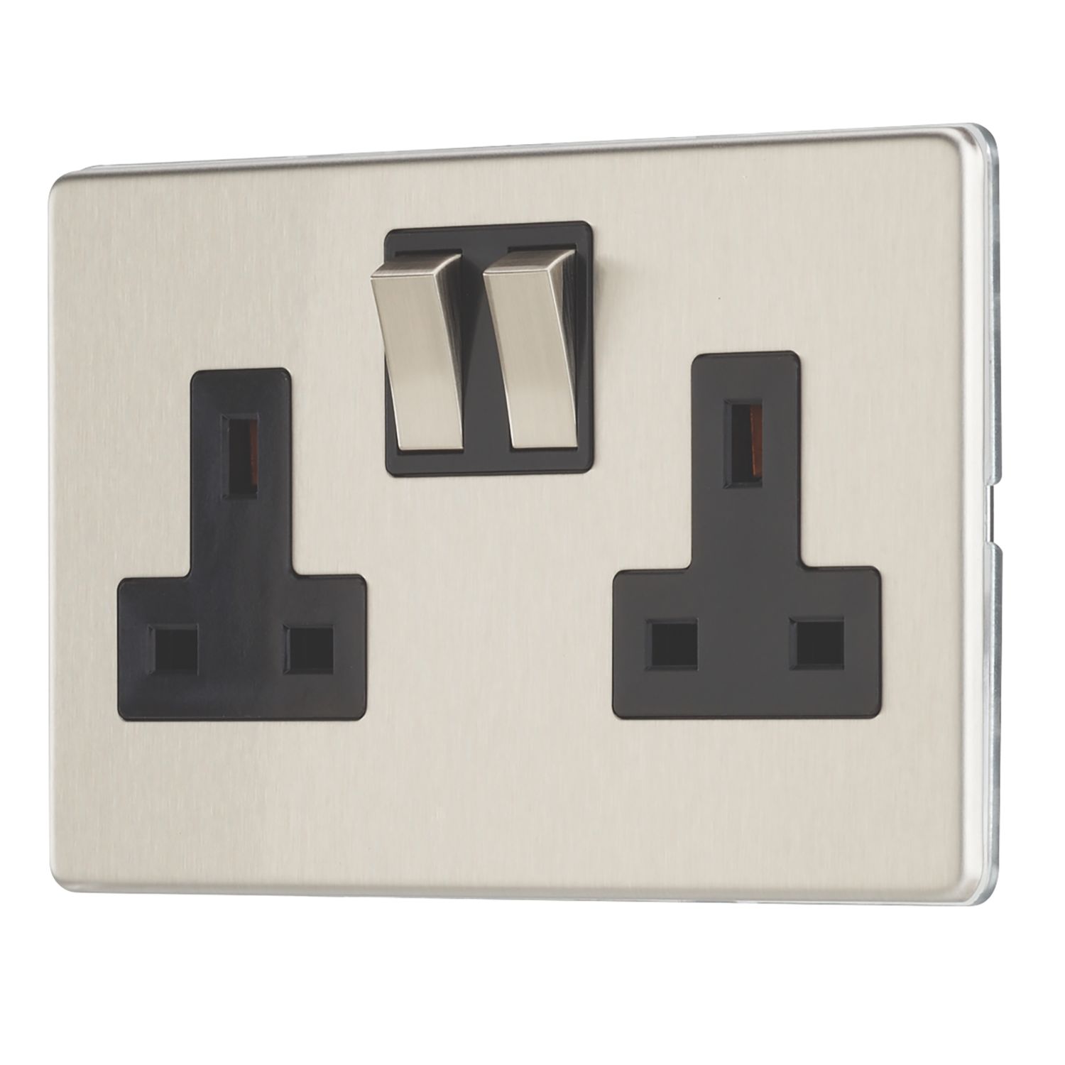 Contactum Lyric 13A 2-Gang DP Switched Socket Outlet Brushed Steel with Black Inserts (196RR)
