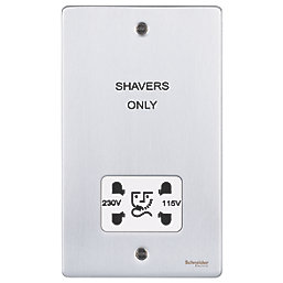 Schneider Electric Ultimate Low Profile 2-Gang Dual Voltage Shaver Socket 115 / 230V Brushed Chrome with White Inserts