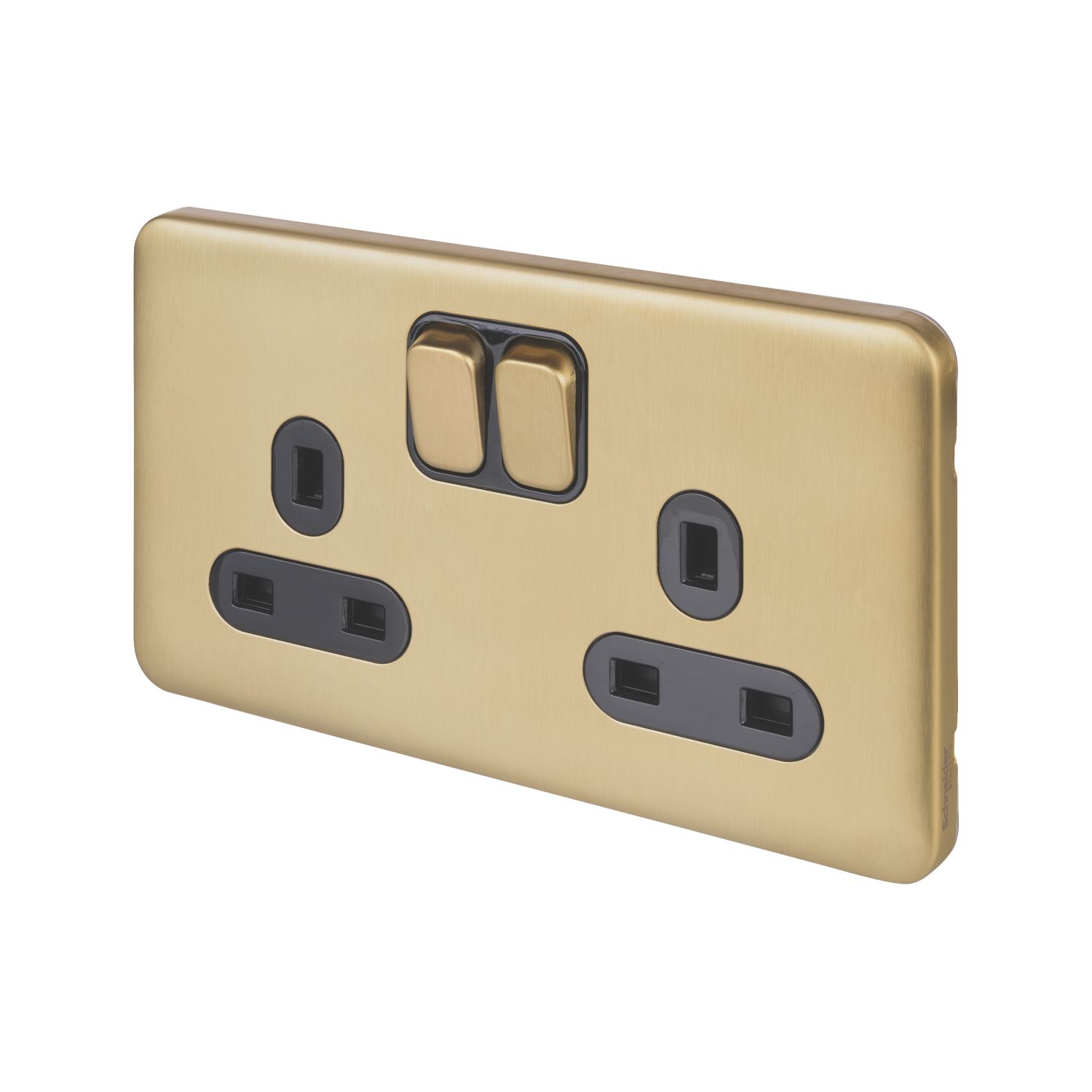 Schneider Electric Lisse Deco 13A 2-Gang SP Switched Plug Socket Satin Brass with Black Inserts (198FF)