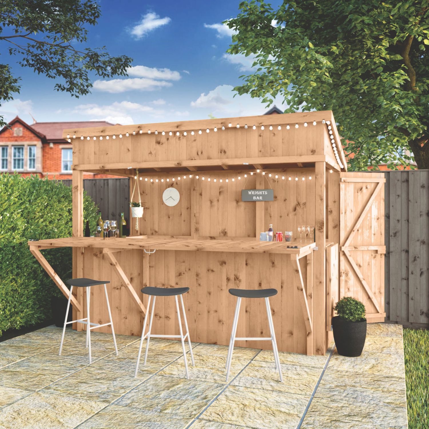 Mercia Premium Pressure-Treated 9' x 4' 6" (Nominal) Pent Tongue & Groove Timber Garden Bar With Shutters (198YL)