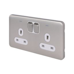 Schneider Electric Lisse Deco 13A 2-Gang DP Switched Plug Socket Brushed Stainless Steel  with White Inserts