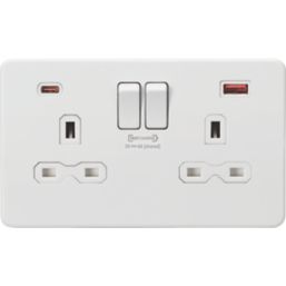 Knightsbridge SFR9909MW 13A 2-Gang DP Switched Socket + 4.0A 2-Outlet Type A & C USB Charger Matt White with White Inserts