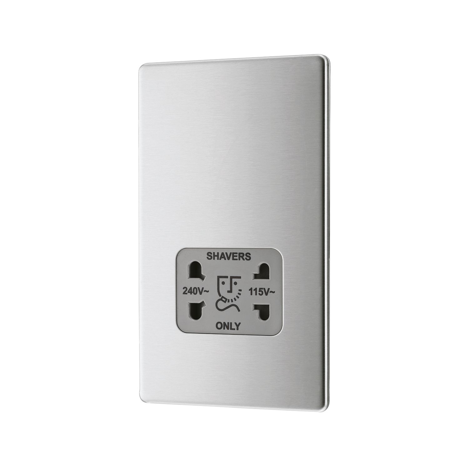 LAP 2-Gang Dual Voltage Shaver Socket 115 / 230V Brushed Stainless Steel with Graphite Inserts (200KJ)