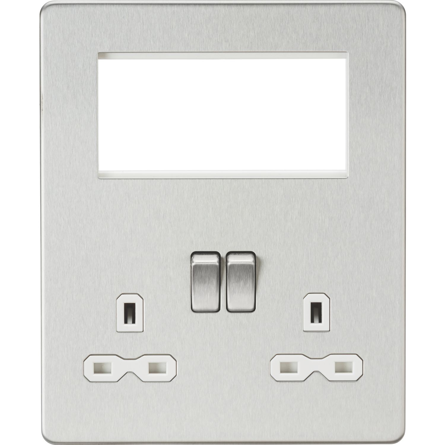 Knightsbridge 13A 2-Gang DP Combination Plate Brushed Chrome with White Inserts (201VF)