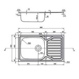 Clearwater OKIO 1 Bowl Stainless Steel Kitchen Sink & Drainer Polished/Satin 860mm x 500mm