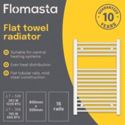 Flomasta 800mm x 500mm 1239BTU White Flat  Towel Radiator