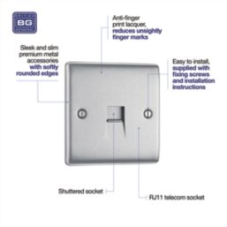 British General Nexus Metal 1-Gang RJ11 Telephone / Data Socket Brushed Steel