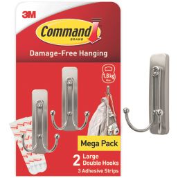 Command Brushed Nickel Self-Adhesive Large Double Hook 2 Pack