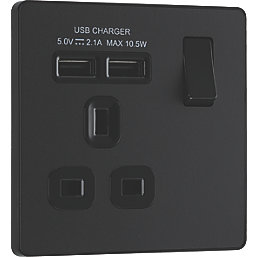 British General Evolve 13A 1-Gang SP Switched Socket + 2.1A 2-Outlet Type A USB Charger Matt Black with Black Inserts