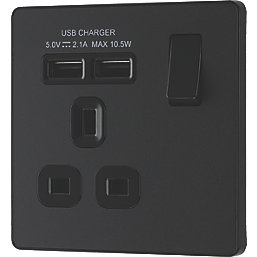British General Evolve 13A 1-Gang SP Switched Socket + 2.1A 2-Outlet Type A USB Charger Matt Black with Black Inserts