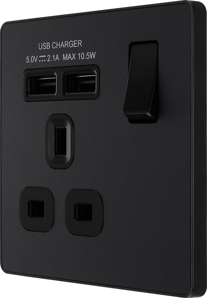 British General Evolve 13A 1-Gang SP Switched Socket + 2.1A 10.5W 2-Outlet Type A USB Charger Matt Black with Black Inserts - 11