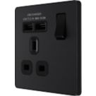 British General Evolve 13A 1-Gang SP Switched Socket + 2.1A 10.5W 2-Outlet Type A USB Charger Matt Black with Black Inserts