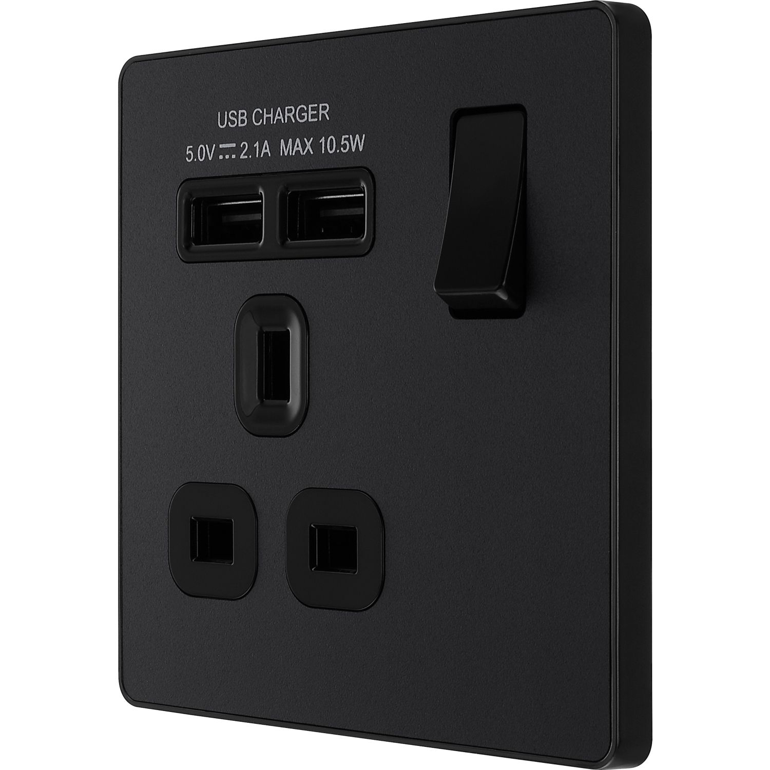 British General Evolve 13A 1-Gang SP Switched Socket + 2.1A 10.5W 2-Outlet Type A USB Charger Matt Black with Black Inserts (204RF)