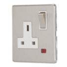 Contactum Lyric 13A 1-Gang DP Switched Socket Outlet Brushed Steel with Neon with White Inserts