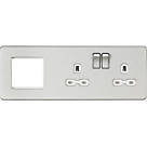 Knightsbridge  13A 2-Gang DP Combination Plate Brushed Chrome with White Inserts