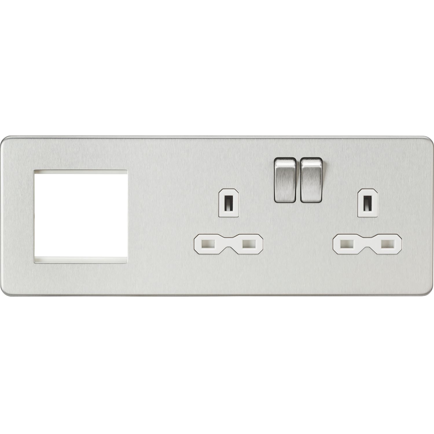 Knightsbridge 13A 2-Gang DP Combination Plate Brushed Chrome with White Inserts (204VF)