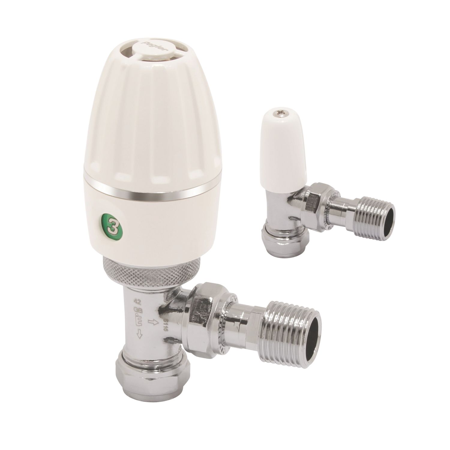 Pegler Terrier Terrier 3 15mm x 1/2" White/Chrome Angled & L/S Standard Thermostatic Radiator Valve & Lockshield (2052V)
