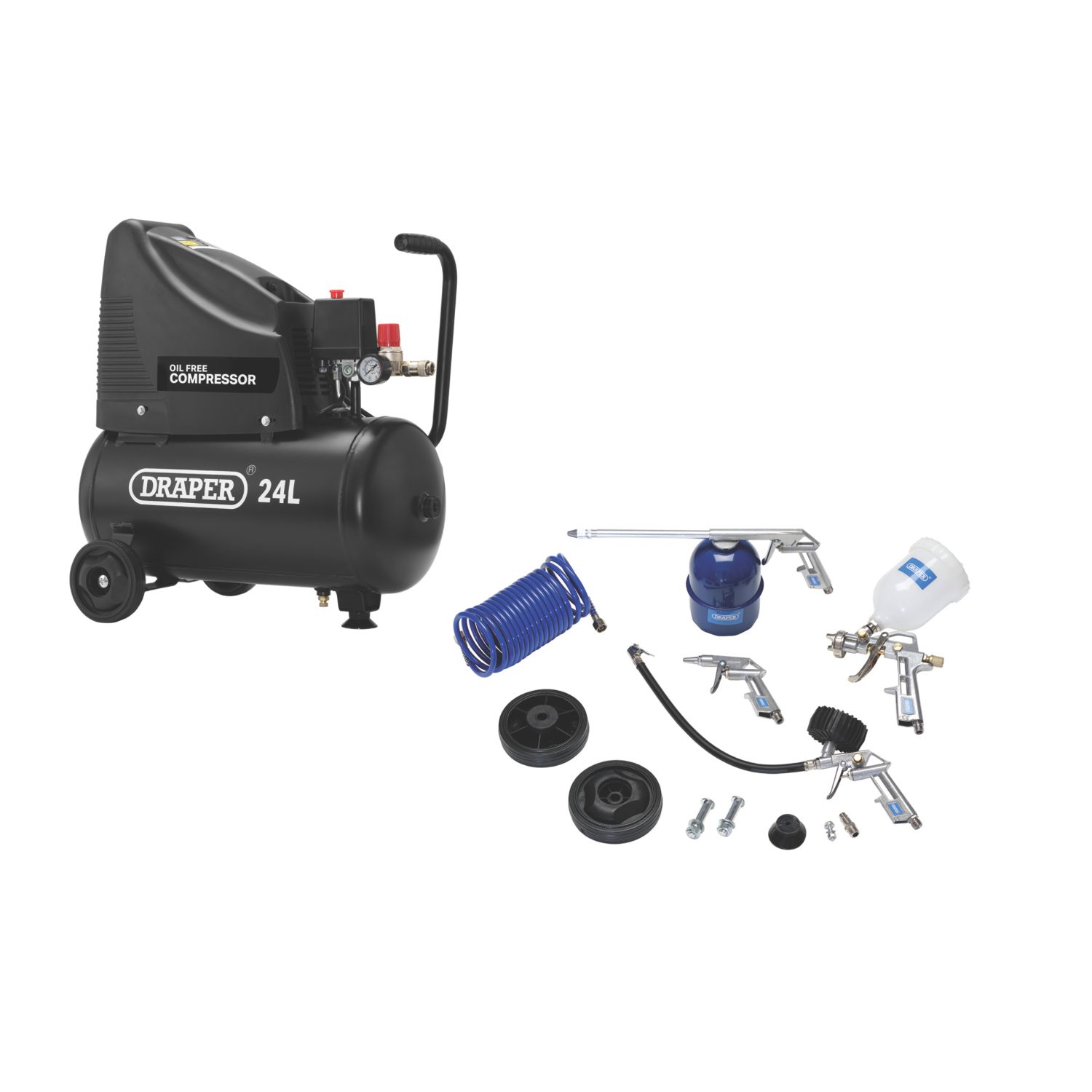 Draper 90126 24Ltr Brushless Electric Oil-Free Compressor & Air Tool Kit 230V (205CM)