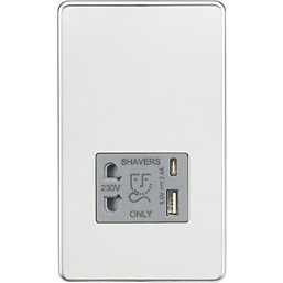 Knightsbridge  2-Gang Single Voltage Shaver Socket+ 2.4A 12W 2-Outlet Type A & C USB Charger 230V Polished Chrome with Grey Inserts