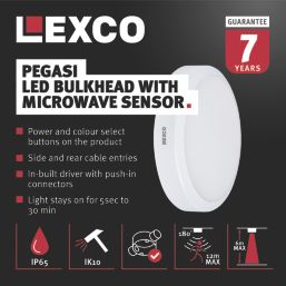 Lexco Pegasi Outdoor Round LED Bulkhead Light With Microwave Sensor White 17W 1200-1900lm