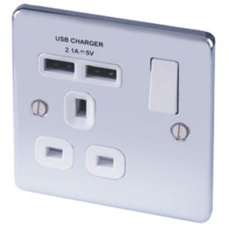 LAP  13A 1-Gang SP Switched Socket + 2.1A 10.5W 2-Outlet Type A USB Charger Polished Chrome with White Inserts