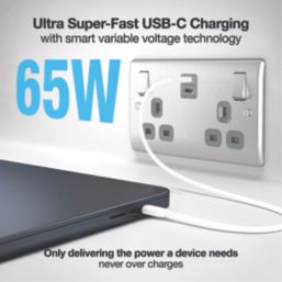 British General Nexus Metal 13A 2-Gang SP Switched Socket + 3.25A 65W 2-Outlet Type C USB Charger Brushed Steel with Grey Inserts